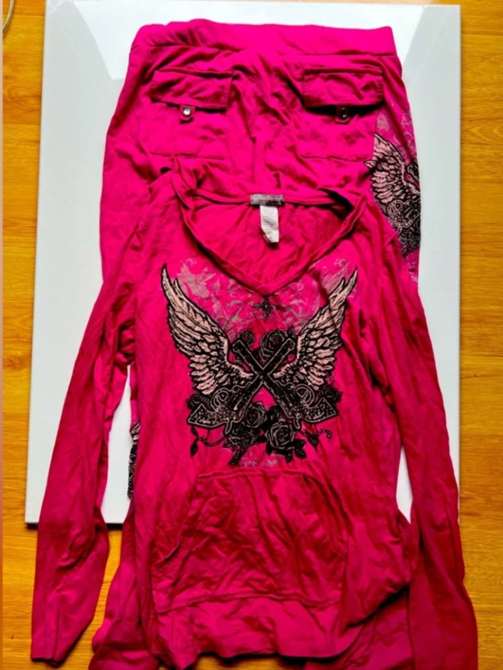 Pistol Annie 2-Pc tracksuit hot pink black angel wings and crystals